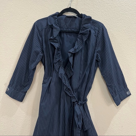 90 Spiegel Black Stripe Ruffle Collar Wrap Dress Sz 14 Goth Grunge Dark Romantic - Picture 2 of 10